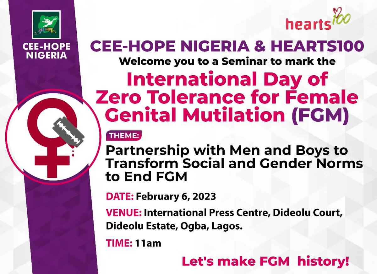 We are marking the #InternationalDayOnZeroToleranceForFemaleGenitalMutilation 

If you can't join us physically, pls join on #GoogleMeet if you can.

#EndFGM2023 #EndFGM #FGM  #Hearts100 

meet.google.com/uzu-ijng-yco