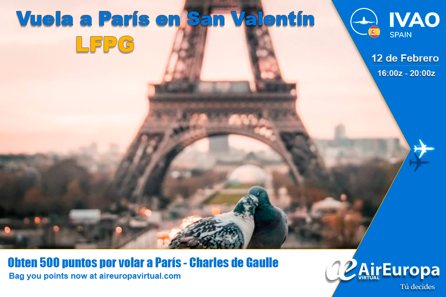 aireuropavir's tweet photo. Este fin de semana día 12/02 no hagas planes porque VOLAMOS A LA CIUDAD DEL AMOR ¡PARÍS! 💙💘 
🇫🇷LFPG PARIS-CHARLES DE GAULLE
Nuestro evento contará con full control por parte de nuestr@s compañer@s de @IVAOES 
¿TE APUNTAS?

#Paris #ivao #aireuropavirtual https://t.co/JpO2RwZfwv