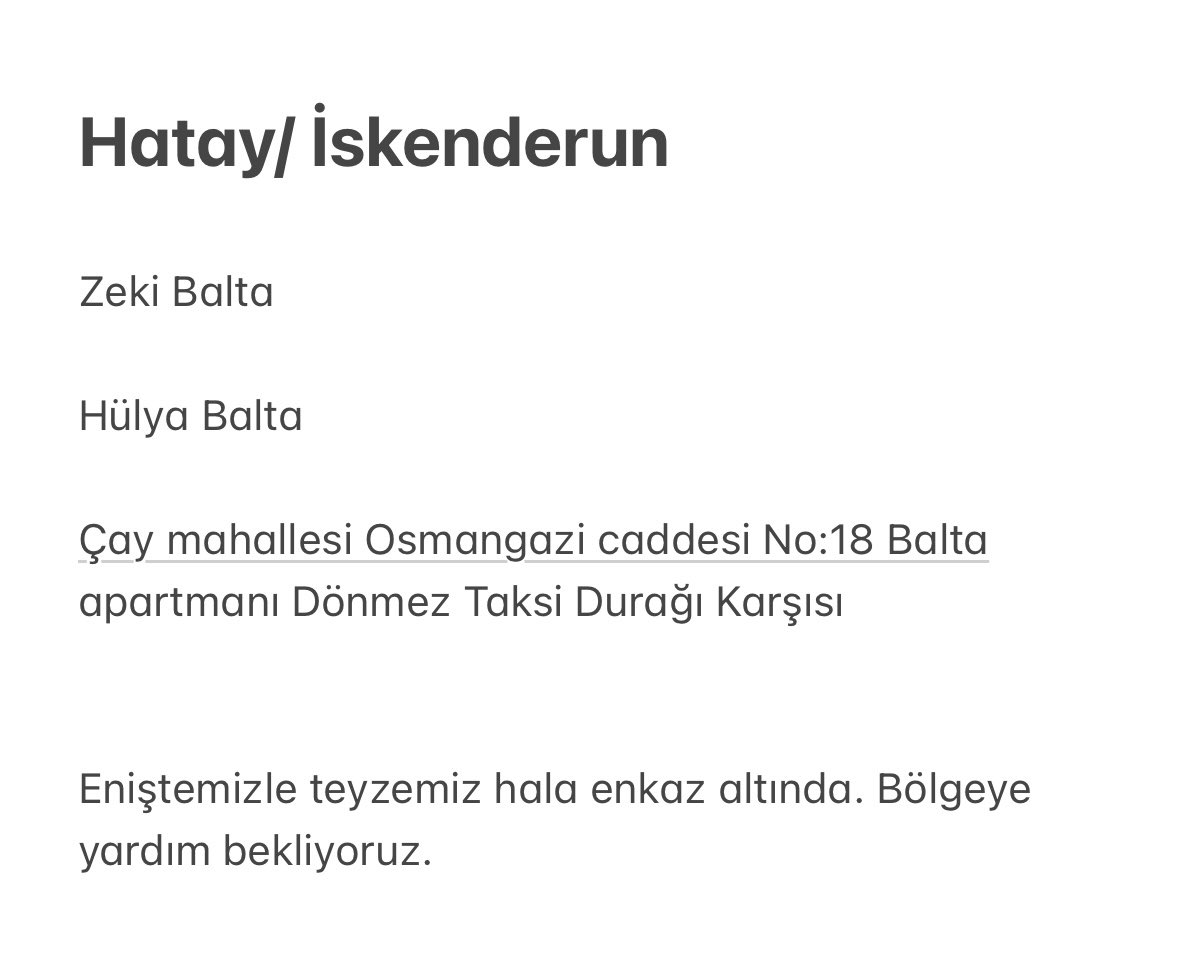 ACİL YARDIM!! #deprem #hataydeprem #ENKAZALTİNDAYİM #afaddeprem #AHBAP @haluklevent @TC_icisleri @suleymansoylu Hala yardım gitmiyor haber alınamıyor hatlar kopuk lütfen paylaşın hataya da artık yardım gitsin enkaz altında seslerin geldiğine dair bilgiler alıyoruz