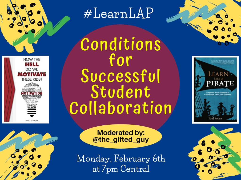 Please join @the_gifted_guy TONIGHT at 7pm Central for #LearnLAP!

#mbedchat #resiliencechat #ieedchat #asbchat #tosachat #txeduchat #UKedchat #waledchat #rethink_learning #CelebratED #122edchat #tnedchat #1stchat #21stedchat #2ndaryela #2ndchat #3rdchat #4ocf #4thchat #5thchat