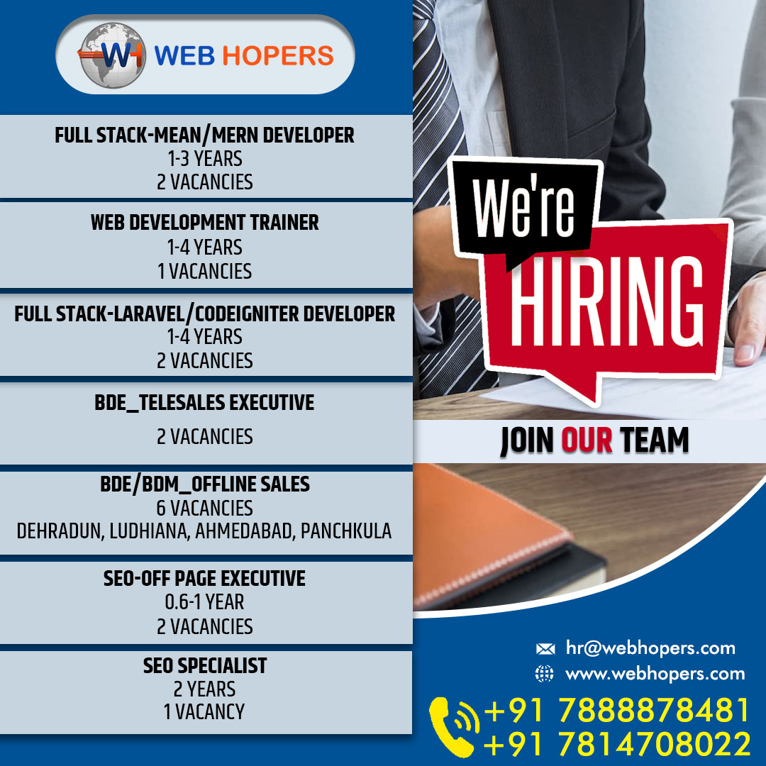 web_hopers's tweet image. Hi Connections, Hope you all are doing well. Hiring for Below mentioned profile:
#BDE_Tele_Sales(IT)
#Business_Development_Manager
#Full_Stack_Developer
#SEO_Off_Page_Executive
#BDM_Offline_Sales
#Graphic_Designer
Location- #Zirakpur
Please contact on 7888878481