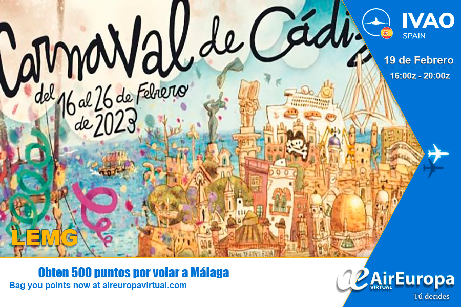 aireuropavir's tweet photo. Como a nosotros también nos gusta el cachondeo, hemos organizado para el día 19/02 el evento CARNAVAL DE CÁDIZ donde llevaremos a los pasajeros rumbo al aeropuerto LEMG MÁLAGA para que disfruten del Carnaval. Todo ello controlado por nuestr@s compañer@s de @IVAOES 
🥳🎉🍾
#Malaga https://t.co/C6pZbxDdrf