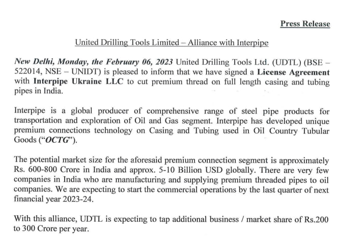 MarketVedantA's tweet photo. UNITED DRILLING TOOLS SIGNED LICENSE AGREEMENT WITH INTERPIPE UKRAINE LLC

COMPANY EXPECTING TO TAP ADDITIONAL BUSINESS WORTH 2 BLN RUPEES TO 3 BLN RUPEES PER YR WITH THIS ALLIANCE

#UNTIEDDRILLING #TOOLS #LICENSEAGREEMENT #INTERPIPE #UKRAINELLC #ADDITIONALBUSINESS #alliance https://t.co/M05WKWKnZs