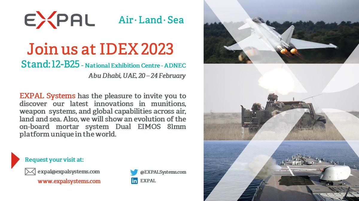 Countdown to IDEX_UAE 2023!

Just two weeks to go until IDEX_UAE 2023 where we will be with our clients &amp; partners. 

Booth B-25. HALL 12
 
For more information or to arrange a stand visit, please contact: expal@expalsystems.com

#EXPAL #Technology #dualEIMOS #Idex2023 #abudhabi
