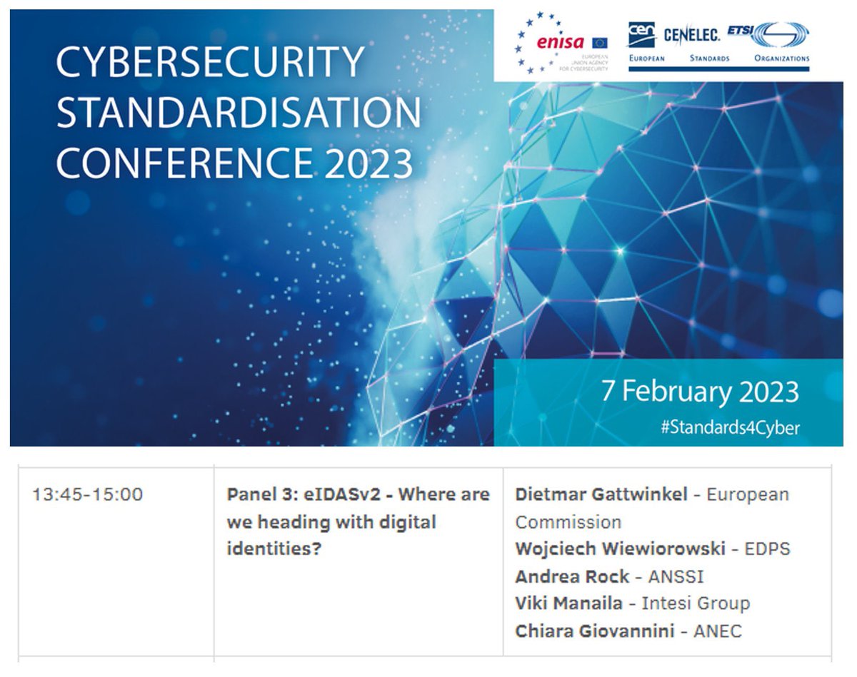 Jörg Lenz 🇪🇺 (@joerg_lenz) on Twitter photo 🇪🇺🆔 Feb 7 13:45 If #ElectronicIdentification and #TrustServices are your topics don’t miss: "eIDAS2 - Where are we heading with digital identities?" <a href="/enisa_eu/">ENISA</a> Cybersecurity Standardisation Conference 
enisa.europa.eu/events/cyberse…
#Standards4Cyber 🇪🇺🆔 Feb 7 13:45 If #ElectronicIdentification and #TrustServices are your topics don’t miss: "eIDAS2 - Where are we heading with digital identities?" <a href="/enisa_eu/">ENISA</a> Cybersecurity Standardisation Conference 
enisa.europa.eu/events/cyberse…
#Standards4Cyber