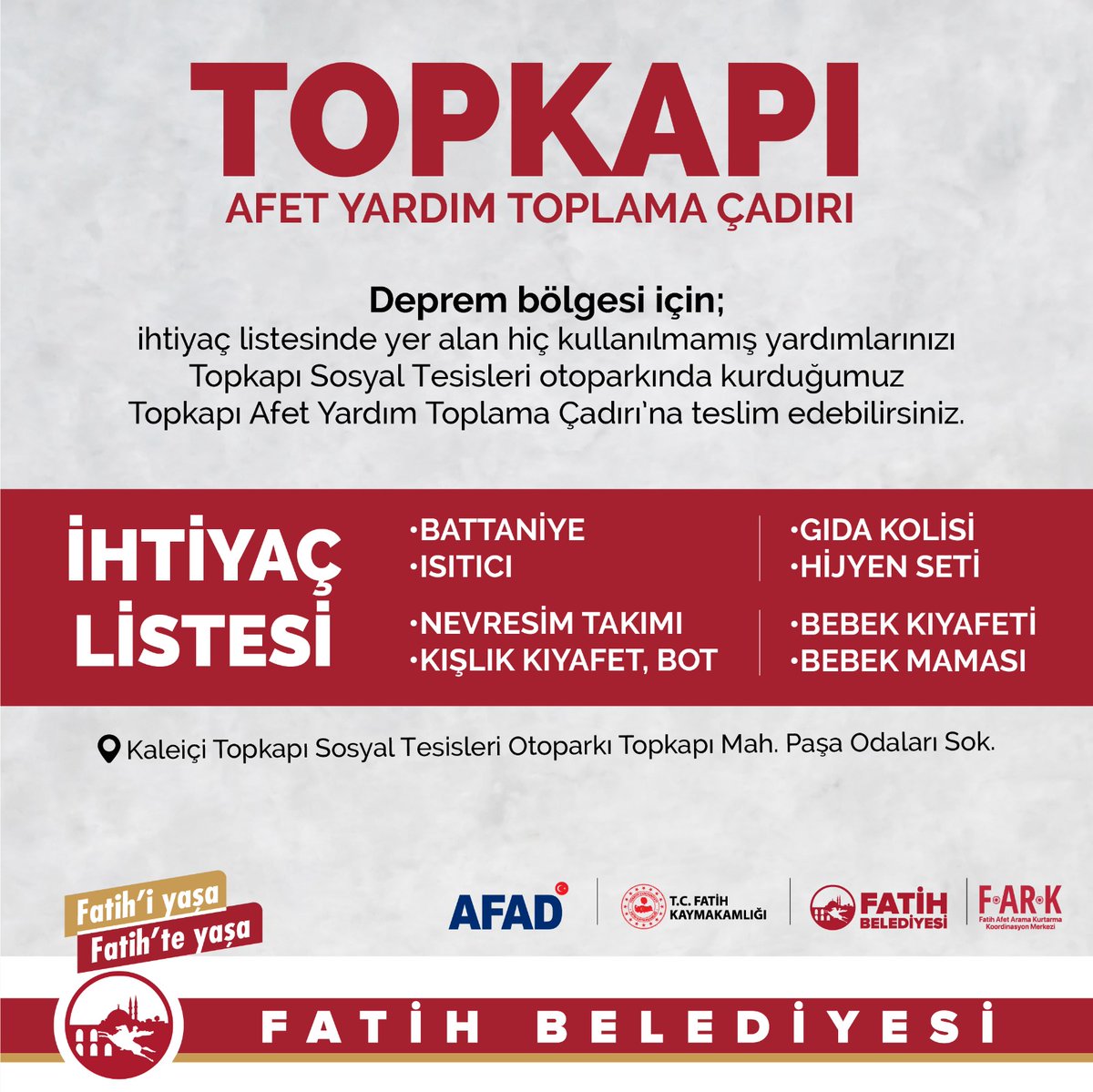 Kıymetli Hemşehrilerim

Deprem bölgesine gönderilmek üzere kullanılmamış battaniye, kışlık kıyafet, ısıtıcı, hasta-çocuk bezi, yağmurluk gibi bağışlarınızı Afet Yardım Toplama Çadırı'mıza getirebilirsiniz.

Yaralarımızı hep birlikte saracağız inşallah.

📍Topkapı Sosyal Tesisleri