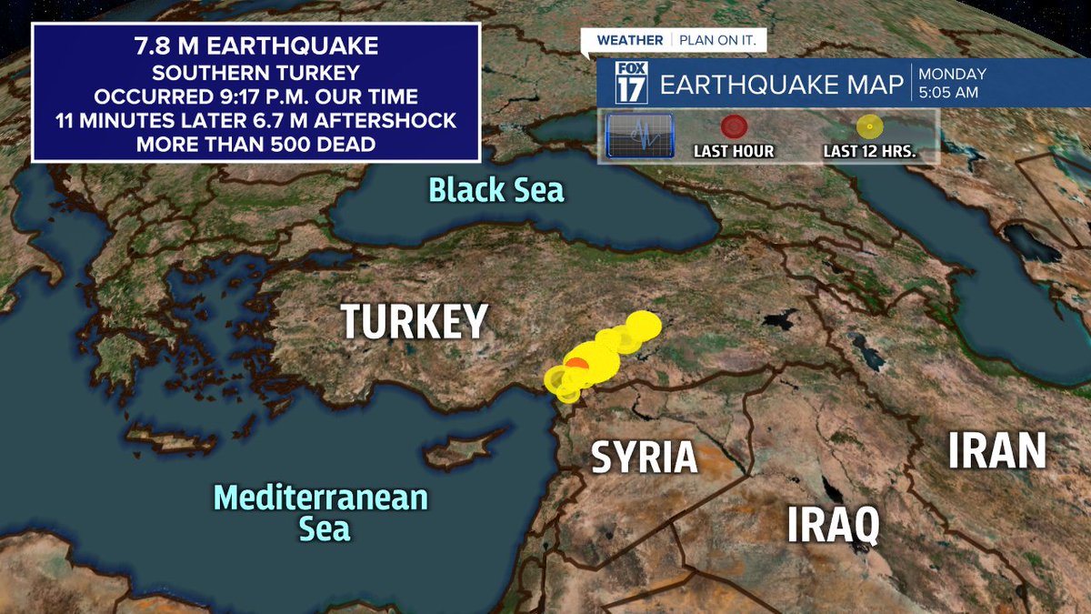 Feb. 6, 2023 - BREAKING NOW...Major 7.8 magnitude earthquake occurred in southern Turkey early this morning (UTC 1:17) 9:17 PM our Michigan local time. 11 minutes later, a 6.7 magnitude aftershock. More than 500 presumed dead. Chief Meteorologist Kevin Craig.