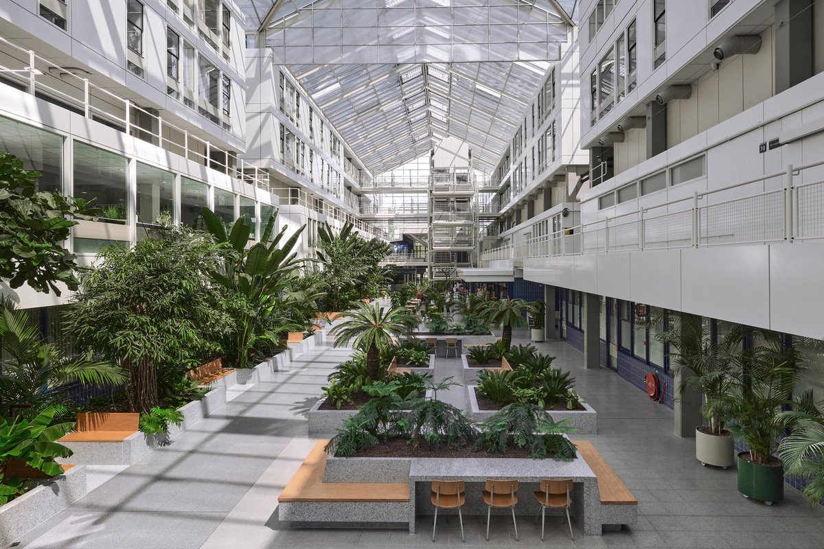 La sala central de este hospital en Purmerend ya no es solo un pasillo que lleva del punto A al B. La luz natural, la vegetación y el mobiliario lo han transformado en un lugar para quedarse.
