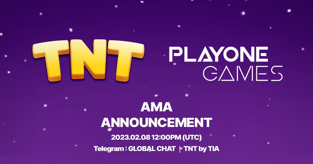 TNT by TIA│Official (@tnt_p2e) on Twitter photo 🆕PARTNERSHIP UPDATE🆕
We're holding a Telegram #AMA with our partner
<a href="/officialPlayOne/">PlayOne Games</a>
🎊
⏰Time: Feb 8th, 12 PM UTC
📌Location:
<a href="/TNT_p2e/">TNT by TIA│Official</a> Telegram Global Chat
Join us to get to know more about Playone Games X TNT
#BlockchainGaming #gaming #PlayToEarn #GameFi #P2E 🆕PARTNERSHIP UPDATE🆕
We're holding a Telegram #AMA with our partner
<a href="/officialPlayOne/">PlayOne Games</a>
🎊
⏰Time: Feb 8th, 12 PM UTC
📌Location:
<a href="/TNT_p2e/">TNT by TIA│Official</a> Telegram Global Chat
Join us to get to know more about Playone Games X TNT
#BlockchainGaming #gaming #PlayToEarn #GameFi #P2E