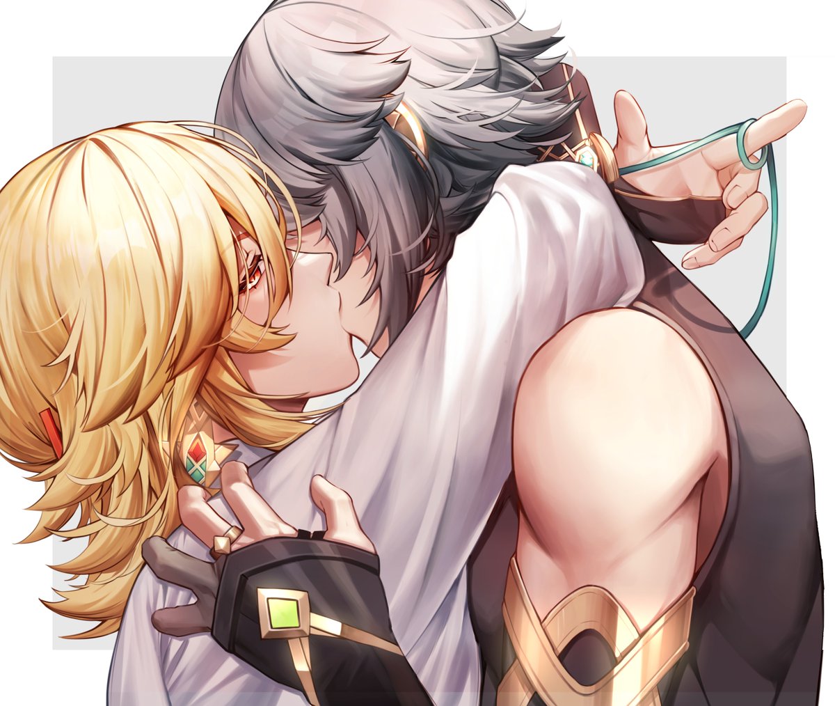 yaoi 2boys multiple boys blonde hair male focus kiss jewelry  illustration images