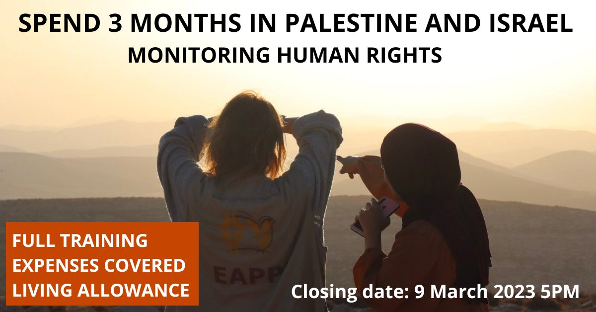 We're recruiting! 
👁‍🗨Monitor human rights abuses for the UN and others 
✊Stand in solidarity with Palestinian and Israeli peace activists 
📢Advocate for justice, equality and an end to the military occupation of Palestine

More info: quaker.org.uk/applyeappi #humanrightsjobs