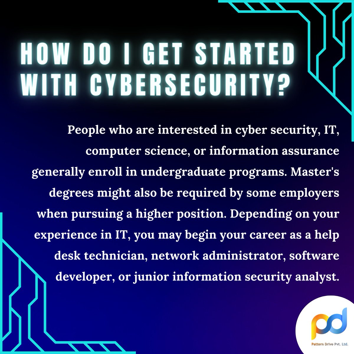 Getting into #cybersecurity is quite overwhelming. But how should you get started? what are the requirements, qualifications etc?

Check out: cutt.ly/g3wUbAX

#CyberSecurityCourses #cybertraining #cybersecuritytraining #cybersecurityeducation #PatternDrivePrivateLimited