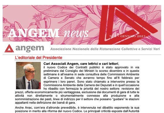 Angem_RistColl's tweet photo. L'editoriale del Presidente @scarsciotti  su #AngemNews #gennaio: Audizione a @Montecitorio  sulla riforma del Codice dei #contratti; il #Dlgs che riordina la disciplina dei #servizipubblicilocali e molte altre novità. Vai su https://t.co/YnPGZk6UiH per iscriverti ad #AngemNews https://t.co/TOcBPHAK71