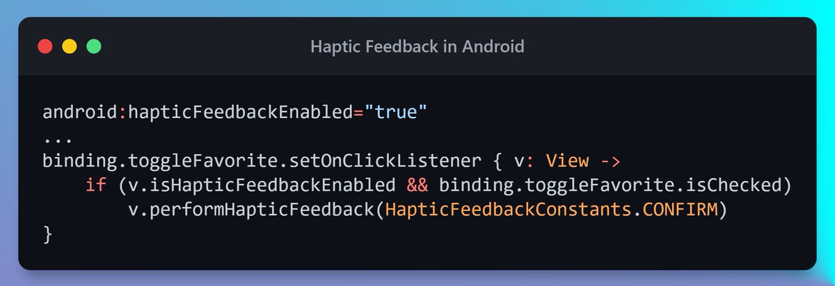Codelaby's tweet image. ✨#DevTip para #Android

Cuando el usuario realiza una acción, es importante darle un feedback de respuesta, una de la maneras es a través de una pequeña vibración.
Ejemplo cuando se añade a❤️