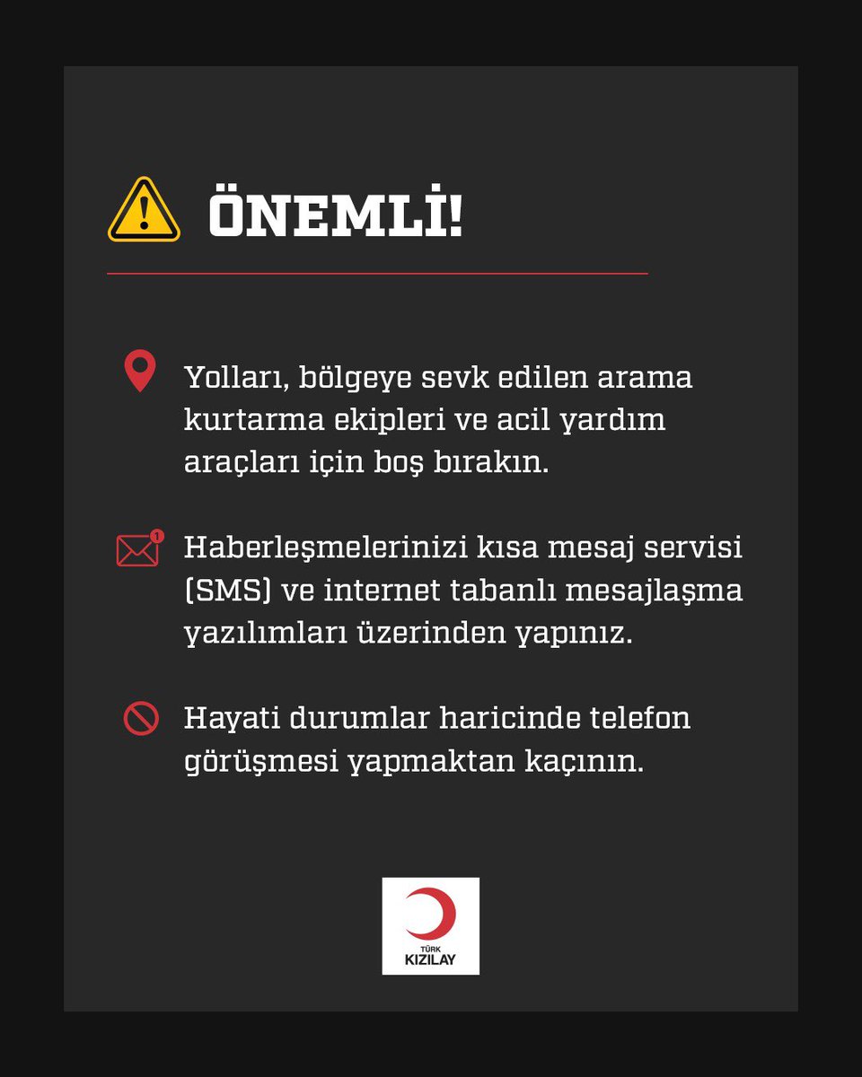 Deprem bölgelerindeki arama, kurtarma ve yardım faaliyetlerinin kesintisiz olarak devam etmesi için bu uyarıları lütfen dikkate alın…
#depremgaziantep 
#depremdiyarbakır 
#depremkahramanmaras
#depremadana 
#depremmalatya 
#depremhatay
#depremadıyaman
#depremUrfa
#depremkilis