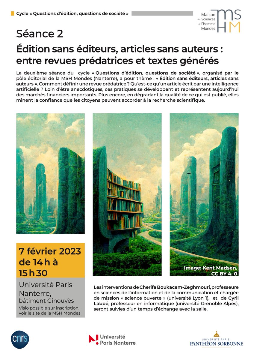 poledito's tweet photo. [Evènement] Rencontre autour des revues prédatrices et des textes générés, ce mardi 7 février, de 14h à 15h30, avec @BoukacemZeg et Cyril Labbé. 
https://t.co/Xt0eYHMRio https://t.co/HFnLQG8pzm