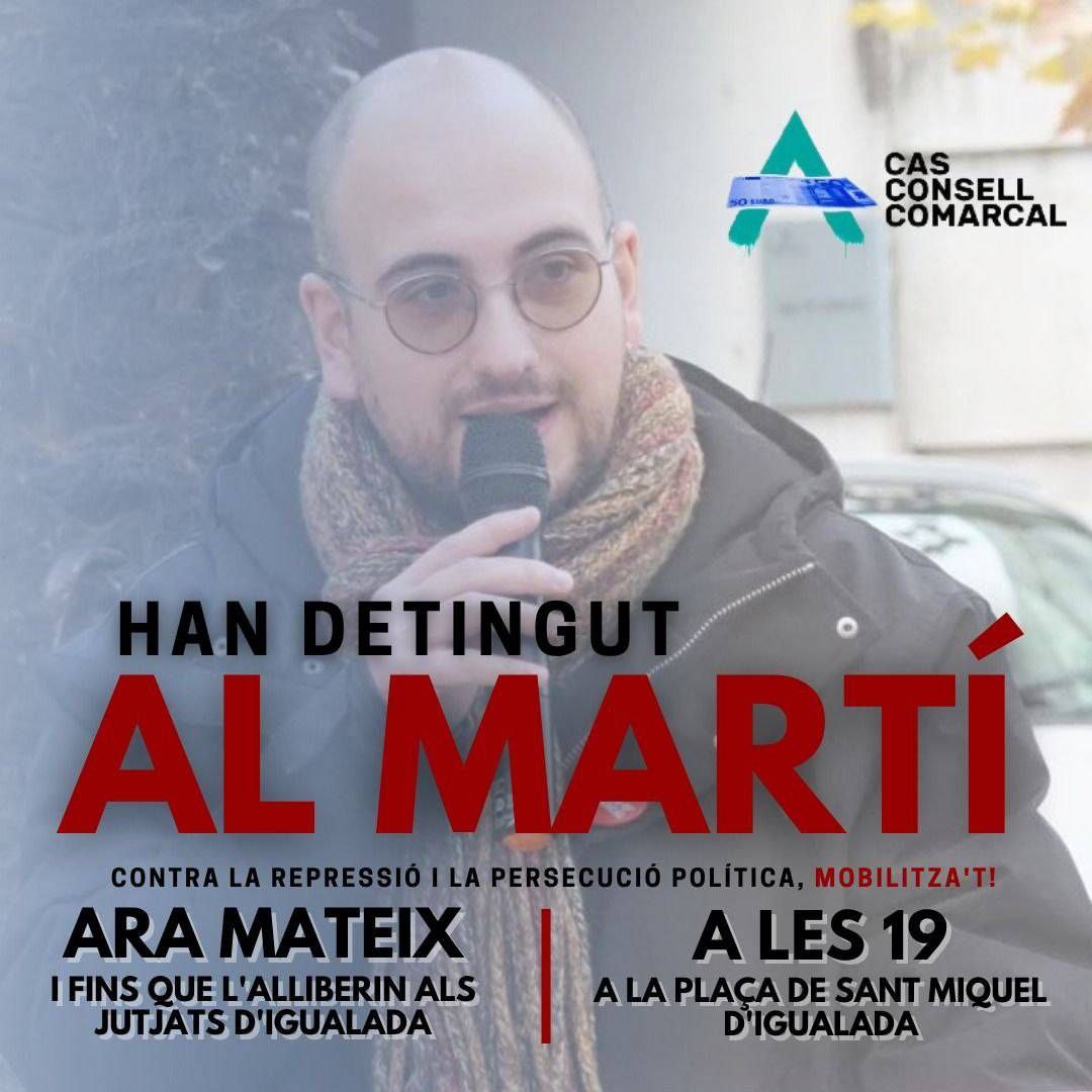cupMasquefa's tweet photo. ⚠️Han detingut al @marticlaret_ !
Convocatòria als jutjats d'Igualada i concentració aquesta tarda:
🕖 19h
📍Plaça Sant Miquel, Igualada!

✊🏼Tot el nostre suport! https://t.co/PyjyHye9bw
