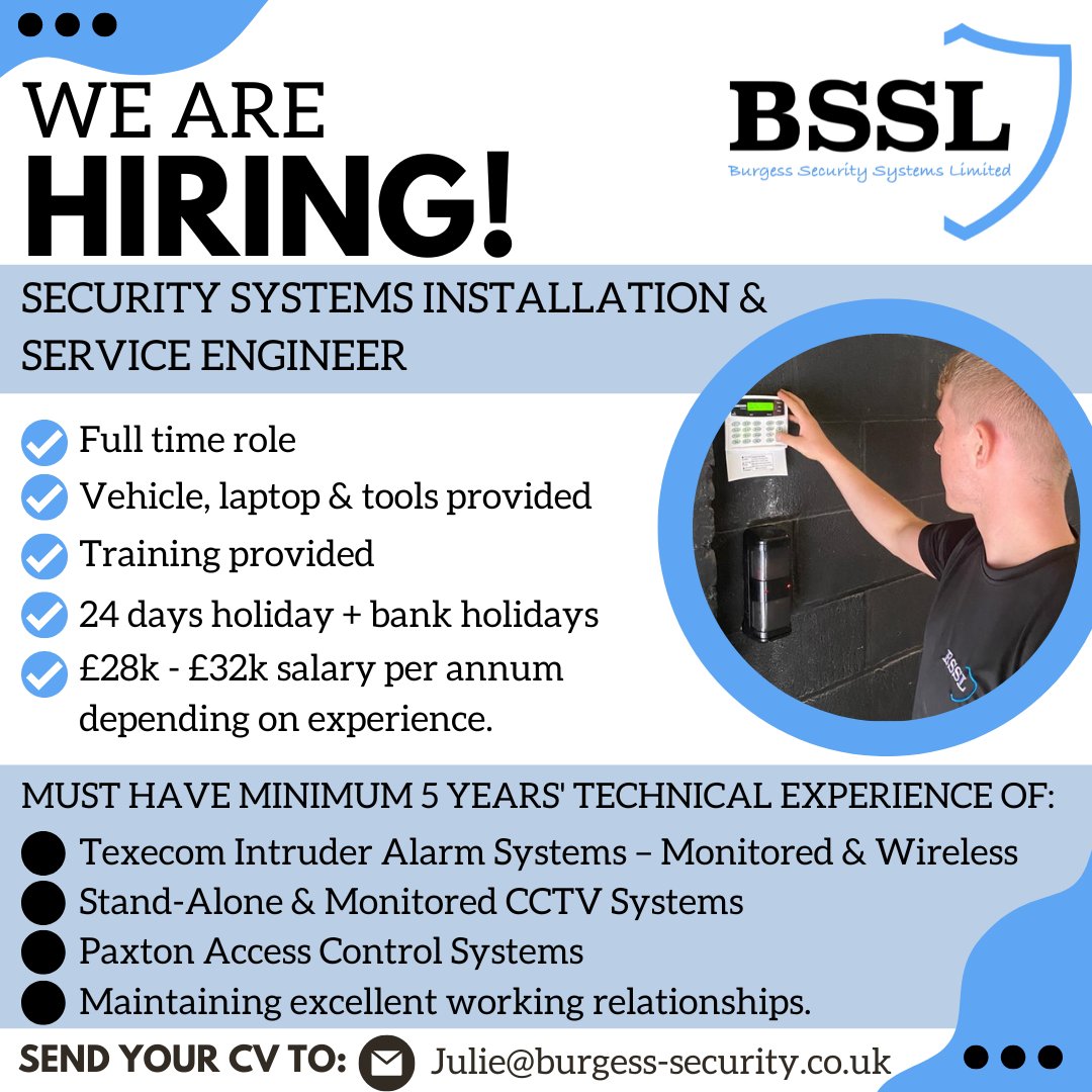 BurgessSecurity's tweet photo. Our team is growing and we’re hiring a Security Systems Installation &amp; Service Engineer.
If you, or anyone you know are interested in applying, please send a CV &amp; covering email to our Office Manager: Julie@burgess-security.co.uk

#jobvacancy #securitysystems #engineer https://t.co/DfBekD6qKN