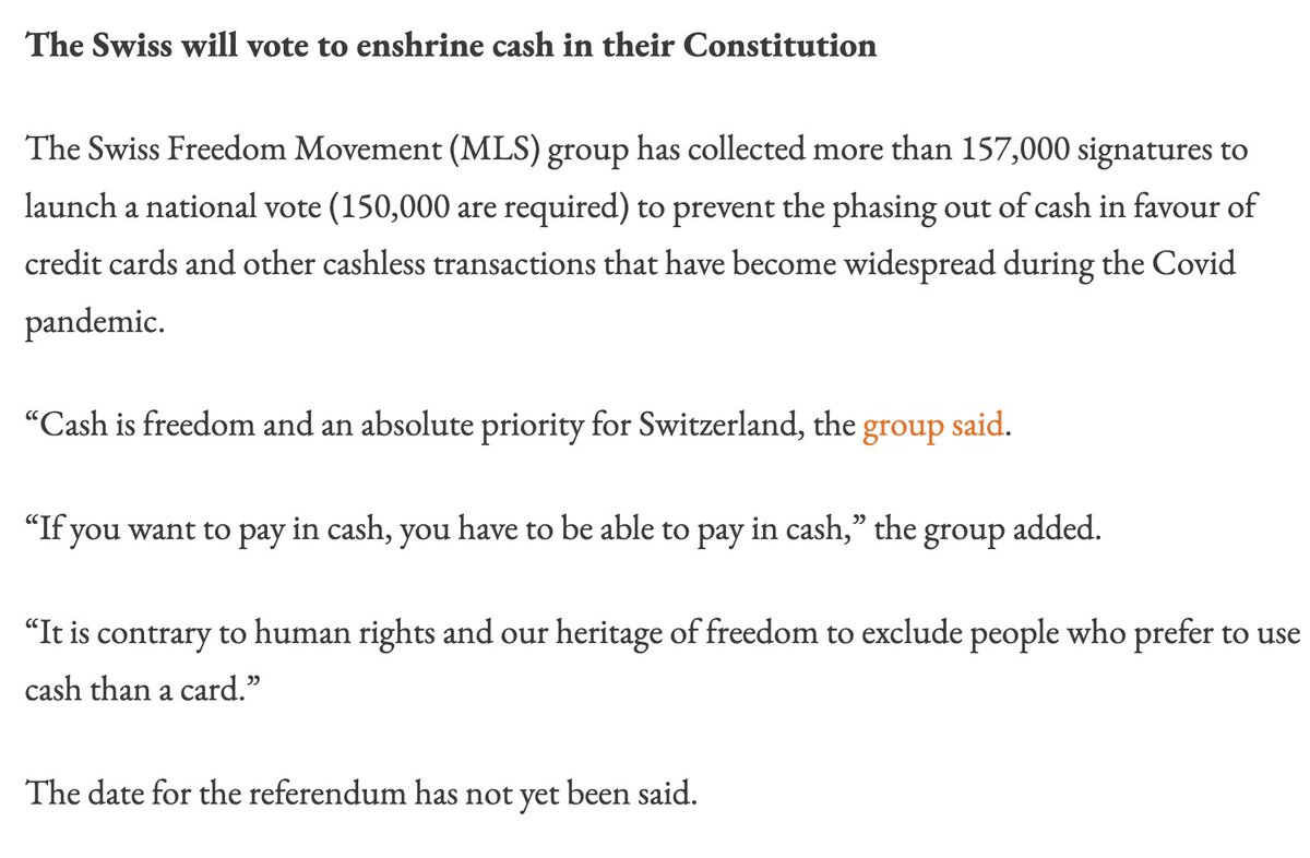 🇨🇭🐄 Switzerland will vote to make cash transactions a constitutional right.

A consequential vote as global central banks test out CBDCs.