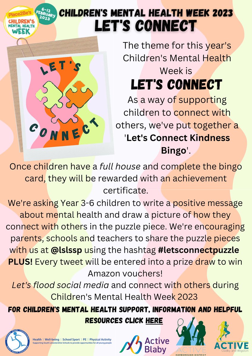 lslssp's tweet photo. We’re asking Yr 3-6 children to write positive messages about mental health or draw a picture of how they connect with others. We’re encouraging photos of the puzzle pieces to be shared on @lslssp using 👉#letsconnectpuzzle @ActiveBlaby @ActiveOadbyWigs @SportInHarb @Place2Be https://t.co/a9II733PEs