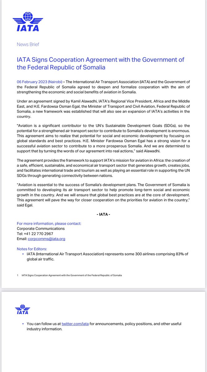 HarunMaruf's tweet photo. BREAKING: Somalia, IATA sign agreement to deepen and formalize cooperation with the aim of strengthening the economic and social benefits of aviation in Somalia. It follows after Somalia airspace recently regained Class A status. https://t.co/BwaVfuhhHw