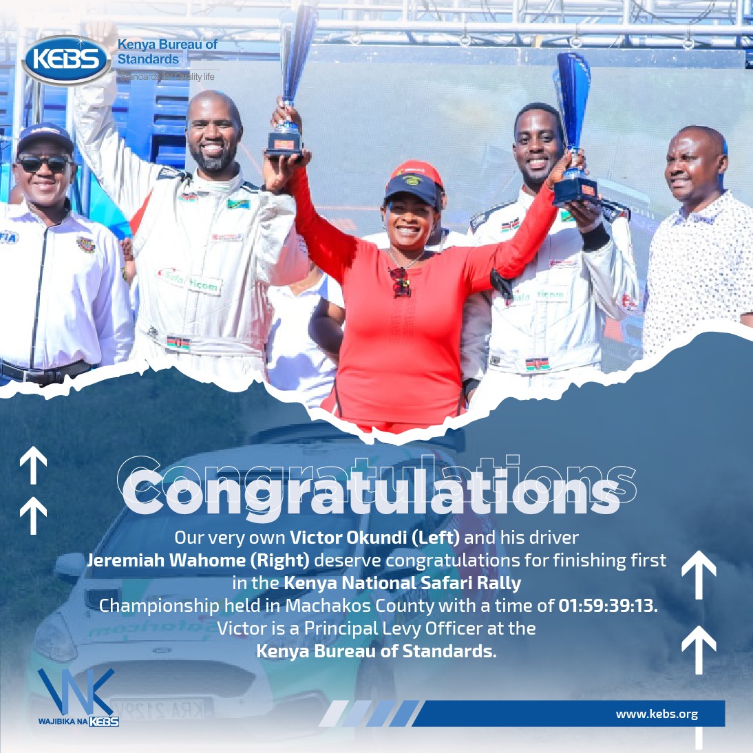 KEBS KENYA (@kebs_ke) on Twitter photo Congratulations on your championship win Jeremiah Wahome <a href="/JW_Africa/">Jeremiah Wahome</a> and your codriver Victor Okundi (Principal Levy Officer at <a href="/KEBS_ke/">KEBS KENYA</a>) <a href="/ullneverguezzhu/">Victor Okundi</a>.
Cheers to more wins in the near futureš.
#StandardsForQualityLife
<a href="/HonMoses_Kuria/">Hon.Moses Kuria,HSC</a> <a href="/KenyaAuthority/">Dr Juma Mukhwana, PhD</a> <a href="/Wavinya_Ndeti/">Wavinya Ndeti Oduwole, EGH</a> <a href="/bnjinu/">B Njiinu</a> Congratulations on your championship win Jeremiah Wahome <a href="/JW_Africa/">Jeremiah Wahome</a> and your codriver Victor Okundi (Principal Levy Officer at <a href="/KEBS_ke/">KEBS KENYA</a>) <a href="/ullneverguezzhu/">Victor Okundi</a>.
Cheers to more wins in the near futureš.
#StandardsForQualityLife
<a href="/HonMoses_Kuria/">Hon.Moses Kuria,HSC</a> <a href="/KenyaAuthority/">Dr Juma Mukhwana, PhD</a> <a href="/Wavinya_Ndeti/">Wavinya Ndeti Oduwole, EGH</a> <a href="/bnjinu/">B Njiinu</a>