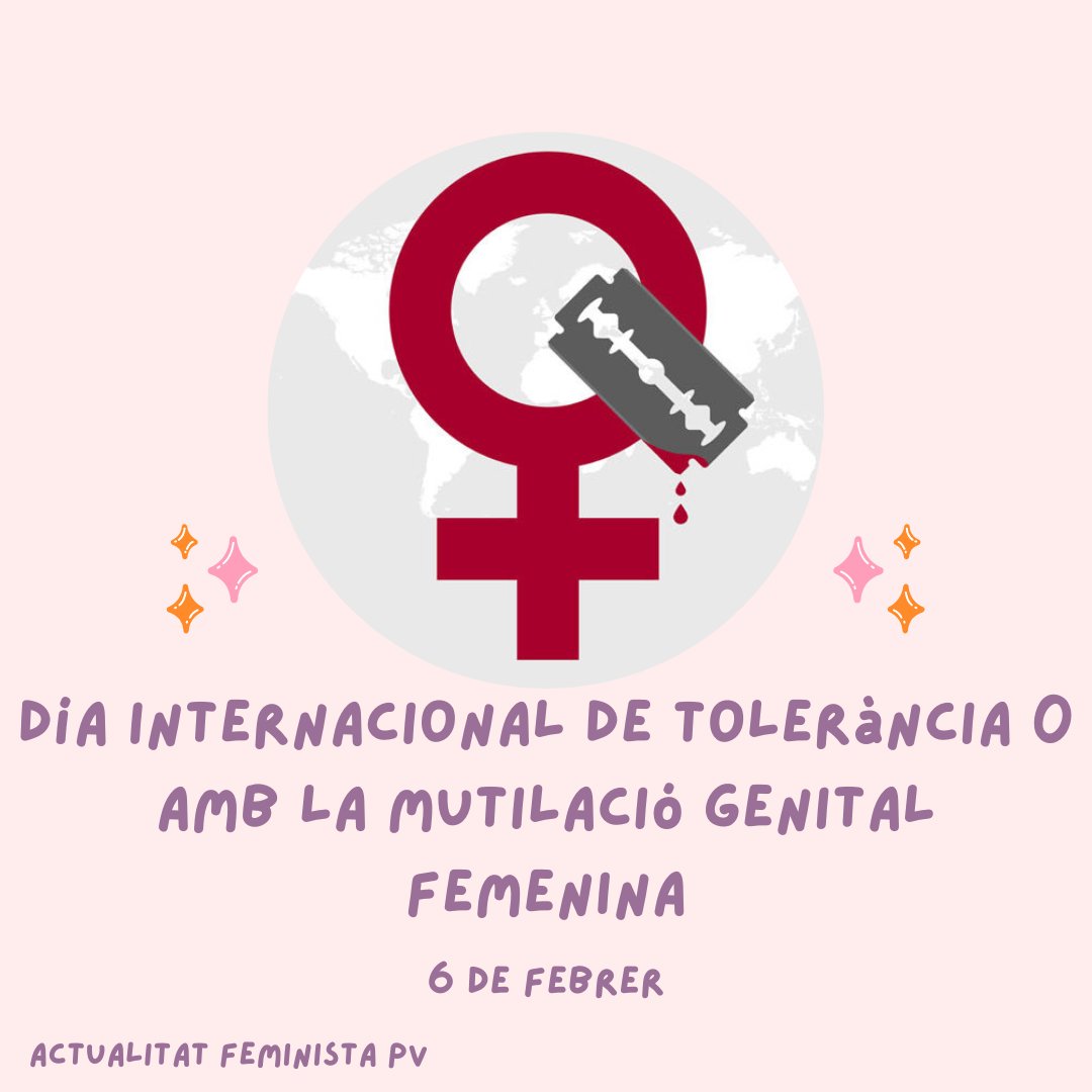 ♀ Dia Internacional Tolerància 0 amb la Mutilació Genital Femenina.

❗️Prop de 3 Milions de dones pateixen aquesta violència en el mon.

‼️ Més de 600.000 dones a Europa pateixen les conseqüencies amb greus problemes de salut física i mental, q posa en perill les seues vides.
🧵