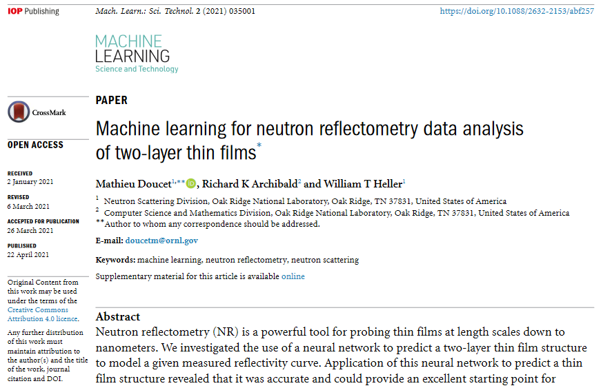 MLSTjournal's tweet photo. '#Machinelearning for neutron #reflectometry data analysis of two-layer thin films' by Mathieu Doucet, Richard Archibald and William Heller @ORNL @ORNLNeutrons @ORNLComputing hits 1500 downloads! https://t.co/hVsnWsmMHu #neutrons #bigdata #datascience #materials #neuralnetworks https://t.co/f82hrDkoy6
