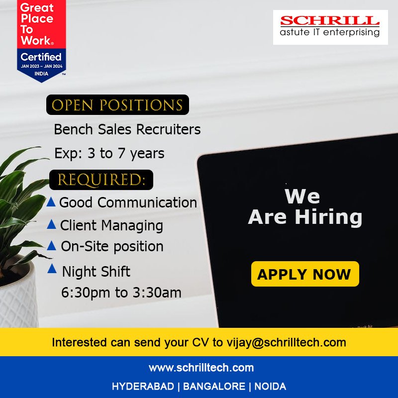 We are looking for an experienced Bench sales recruiters with good communication and client managing skills.
If you are interested please send CV to vijay@schrilltech.com
#benchsalesrecruiters #benchsales #schrilltech #schrill #job #hiring #hirewithus #hiringrecruiters #hiringnow