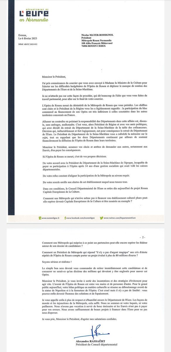 Ma réponse à Nicolas Mayer-Rossignol sur l'#OpéradeRouen : 

"Nous ne sommes ni votre laquais, ni votre paillasson"

Le Département de l'<a href="/EureenNormandie/">Département de l’Eure</a> quitte dès aujourd'hui le projet "Rouen Capitale Européenne de la Culture".