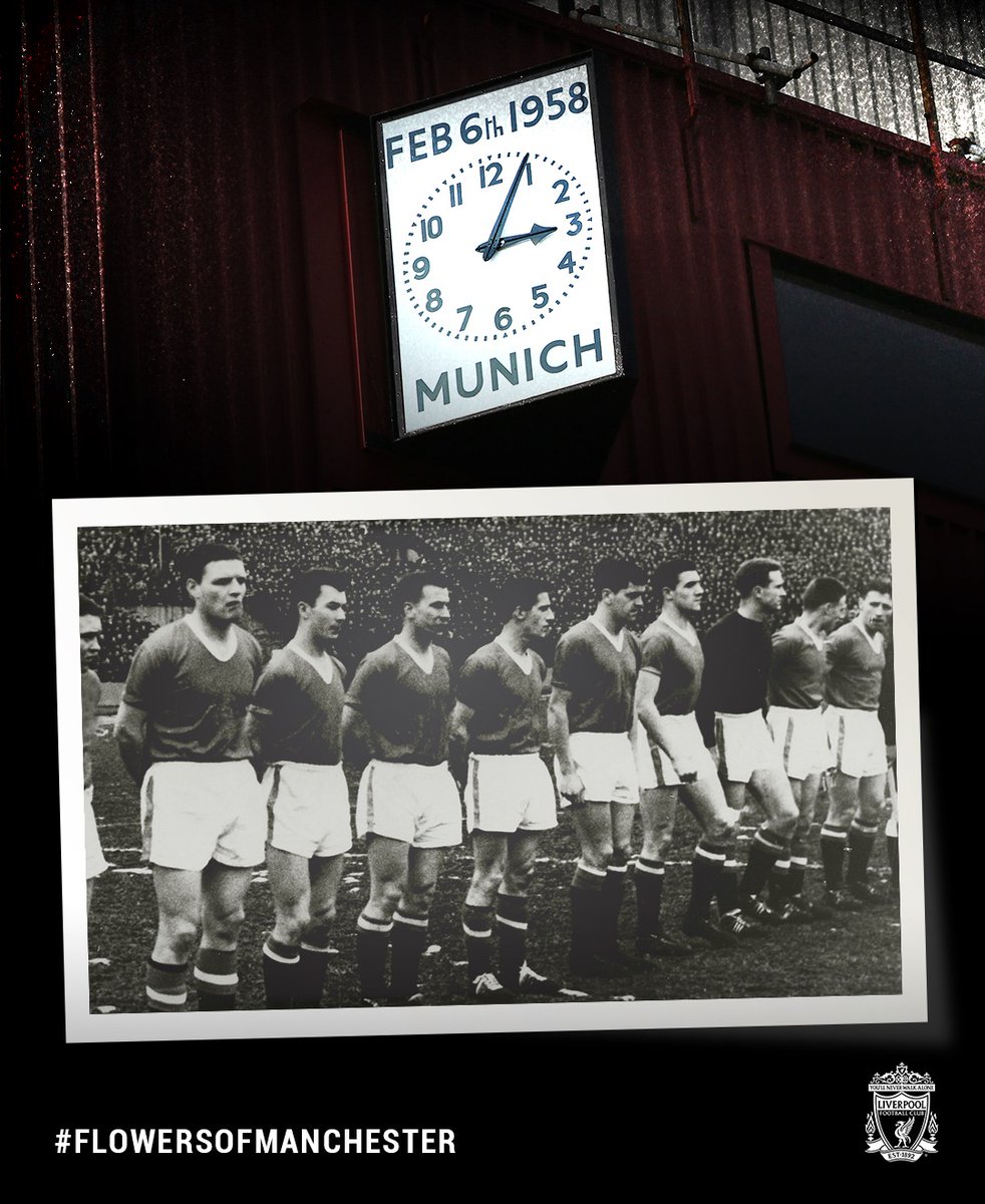 LFC's tweet image. Our thoughts are with @ManUtd and all those affected by the Munich air disaster. 

We pause for remembrance today, on the anniversary of the tragedy. Gone but never forgotten. #FlowersOfManchester