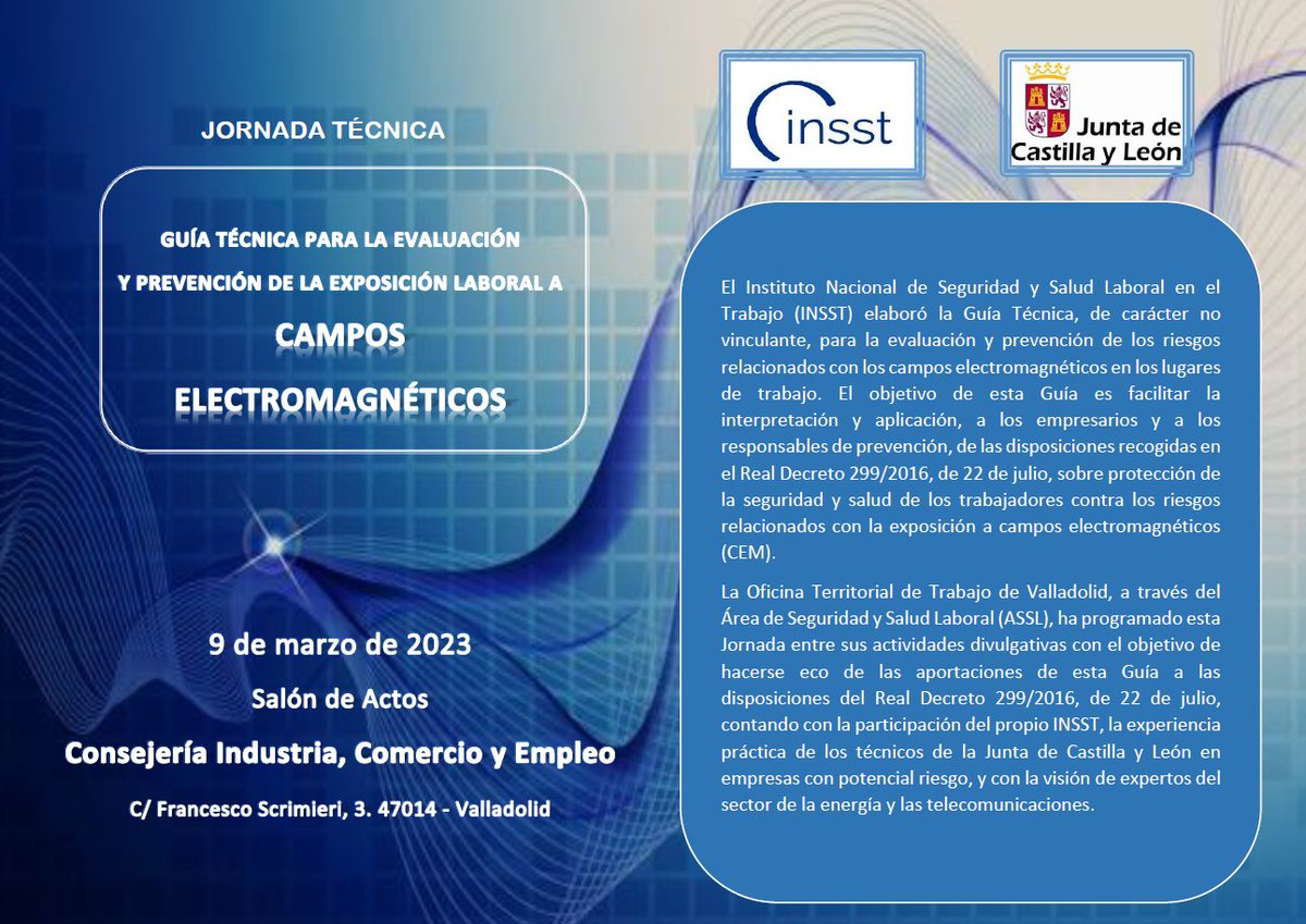 prevencionjcyl's tweet photo. #Valladolid

J. Técnica
Guía Técnica: Evaluación y prevención de la exposición laboral a campos electromagnéticos
GRATUITA

Organiza: OTT y ASSL de Valladolid 

09/03/23

Horario: de 09:00 a 13:30
Fecha límite solicitudes 08/03/23.

https://t.co/emPgAVz2bA https://t.co/AXgt85eLcW