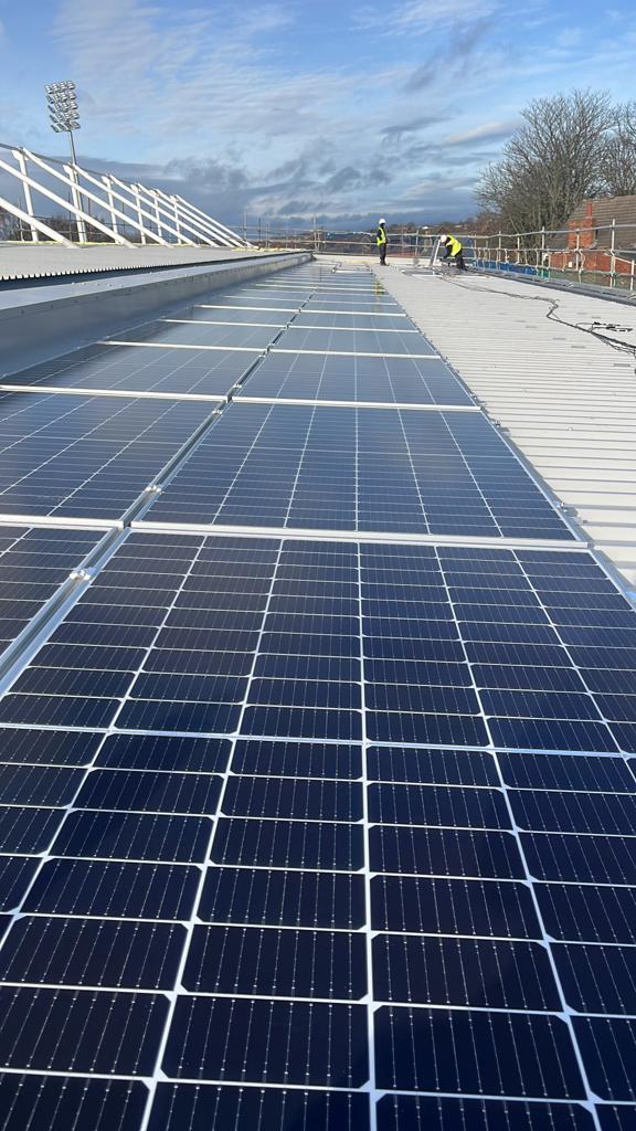 A 33kw solar array we are installing on the new East stand at Wakefield Trinity Rugby ground <a href="/wakefield_rugby/">Wakefield Wildcats</a> 
<a href="/morgansindallc/">Morgan Sindall Construction</a>