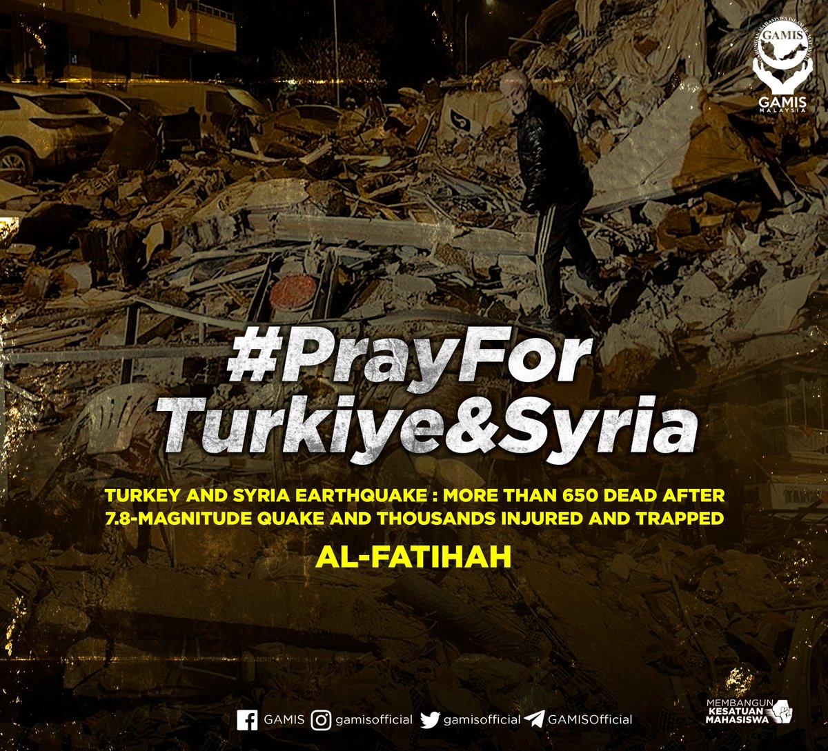 Salam Takziah buat seluruh penduduk Turkiye dan Syria yang terkesan dengan bencana gempa bumi yang berukuran 7.8 skala Ricther yang berlaku pada awal hari ini.

Semoga dipermudahkan urusan mereka disana

#Turkiye #Syria 
#earthquake