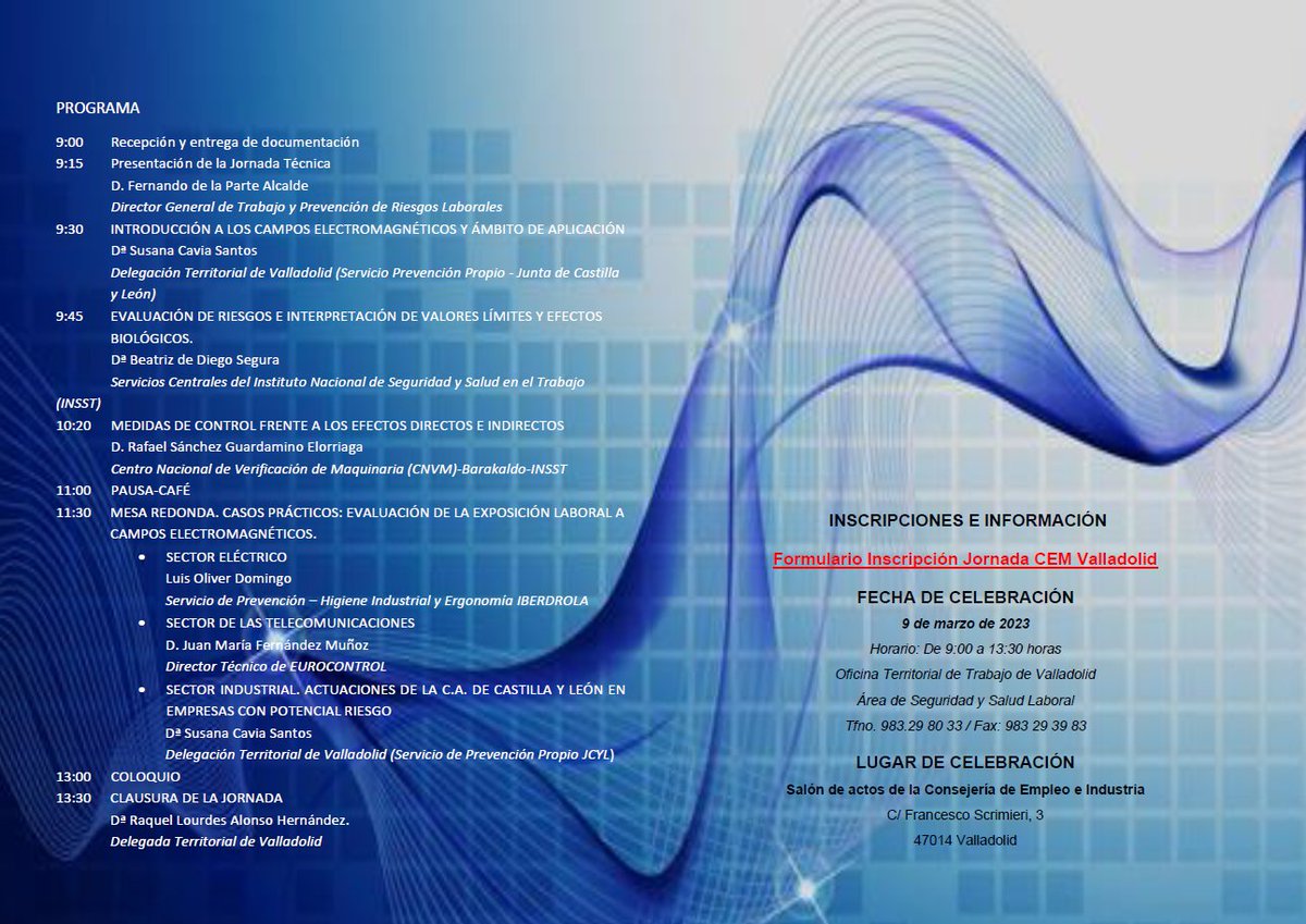 prevencionjcyl's tweet photo. #Valladolid

J. Técnica
Guía Técnica: Evaluación y prevención de la exposición laboral a campos electromagnéticos
GRATUITA

Organiza: OTT y ASSL de Valladolid 

09/03/23

Horario: de 09:00 a 13:30
Fecha límite solicitudes 08/03/23.

https://t.co/emPgAVz2bA https://t.co/AXgt85eLcW