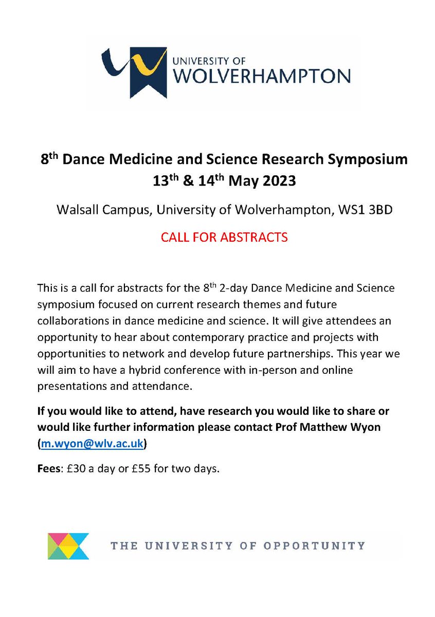 It's that time of year again! Please submit your abstract/idea/discussion point by April 2023 to be a part of the 8th Dance Medicine and Science Symposium at the University of Wolverhampton, UK