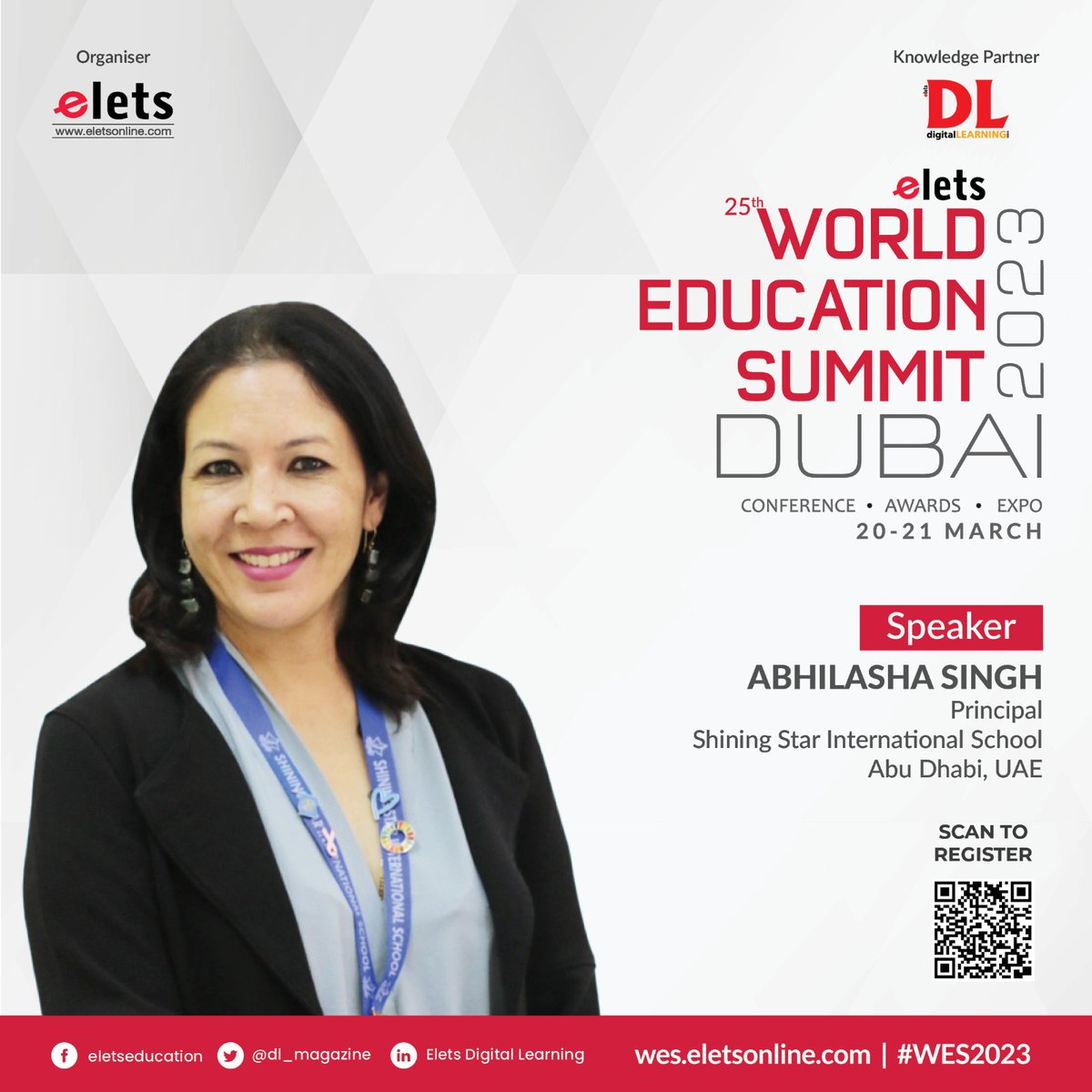 dl_magazine's tweet photo. Ready to learn from the best in education? Hear enriching perspectives from Abhilasha Singh, Principal, @ShiningStarSchl, UAE at the 25th Elets World Education Summit in Dubai.

Enquire now for participation: https://t.co/py8egeNw9k

#WES2023 https://t.co/6vlYY2Ki7p