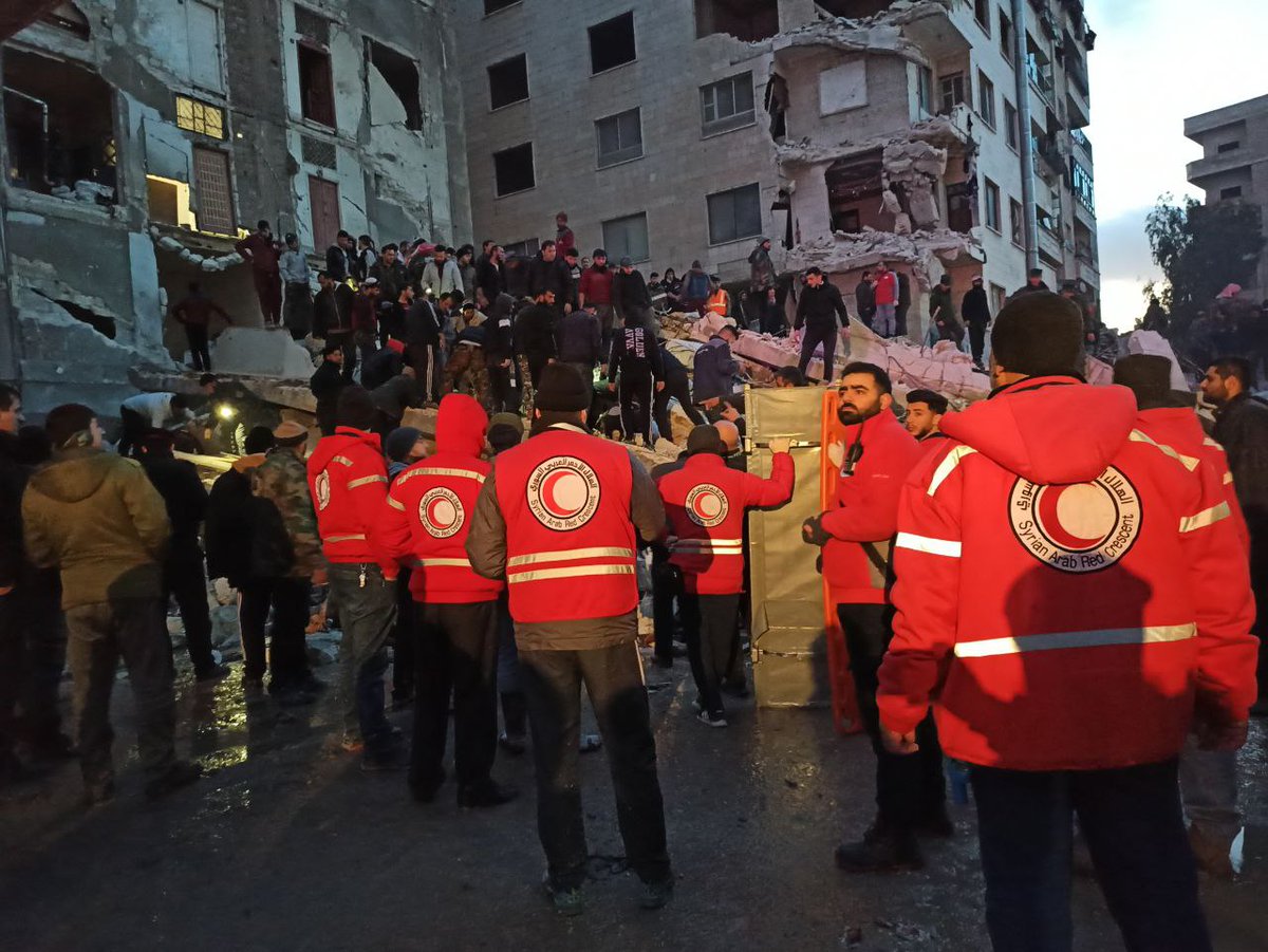 The <a href="/SYRedCrescent/">Syrian Red Crescent</a>  continues to rescue and provide first aid to the affected people after the building collapses in the cities of #Hama, #Aleppo, and #Lattakia due to the recent earthquake.

237 casualties, more than 600 wounded, and major damages till now.