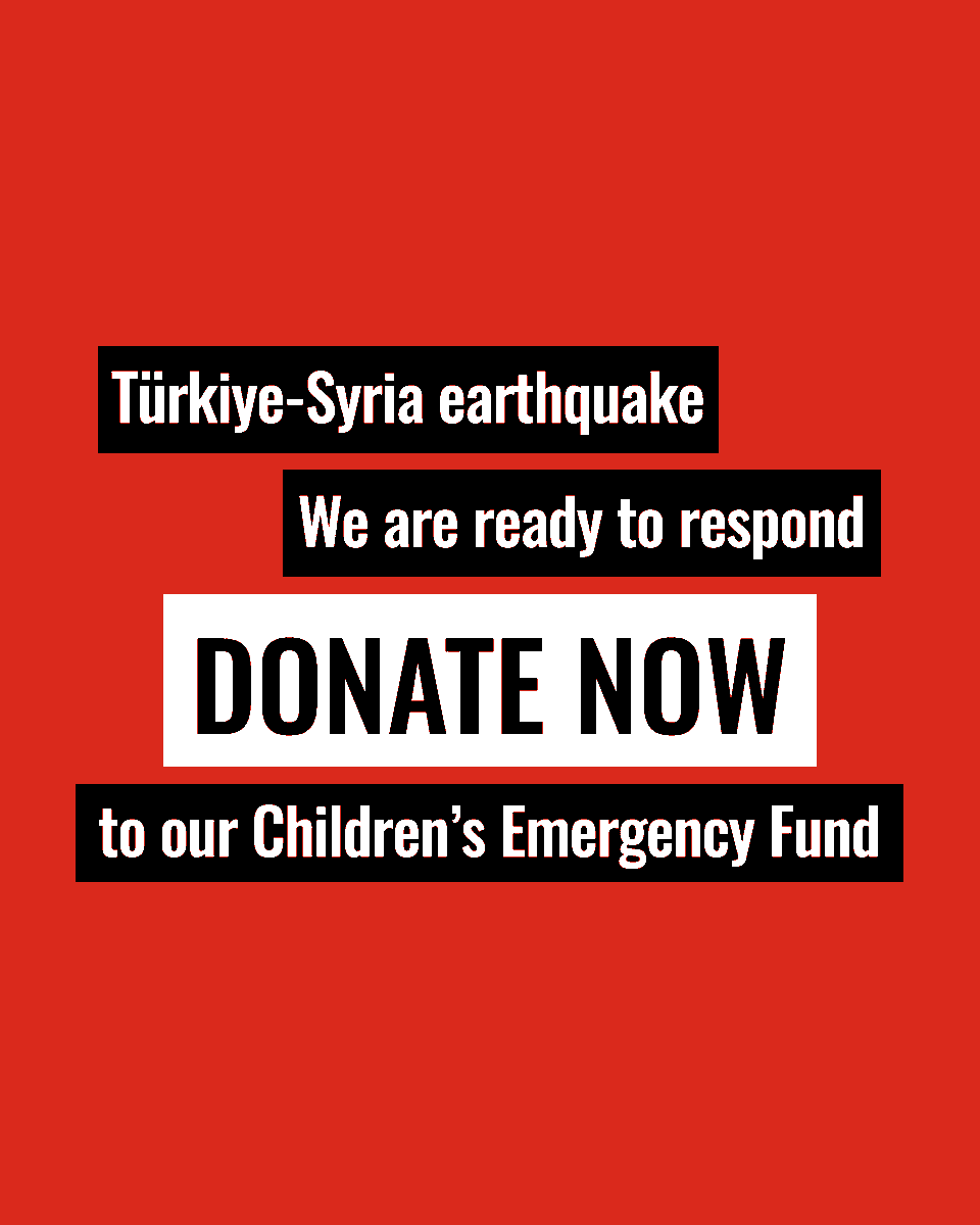 Türkiye-Syria earthquake: We're preparing to respond and moving quickly. Thousands of children forced out of their homes into the freezing night and without shelter. 

👉🏼 Donate to our Children's Emergency Fund now: bit.ly/3wY0z3j

#TurkeyEarthquake #SyriaEarthquake
