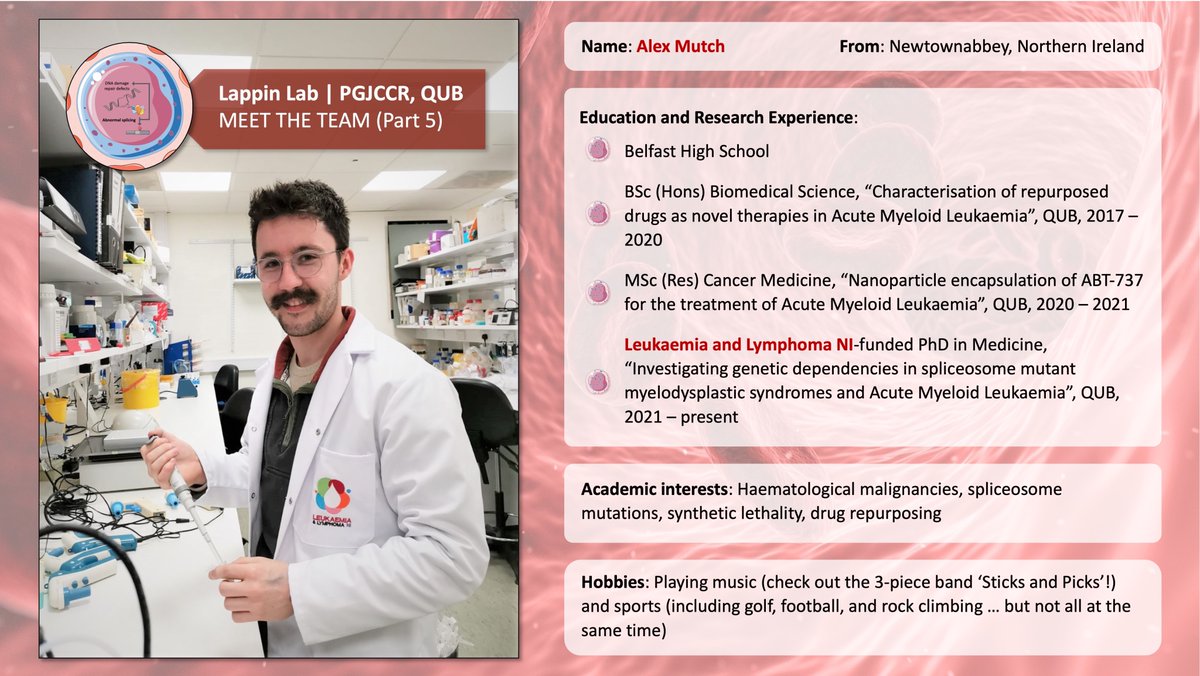 MEET THE TEAM (Part 5)

Next up is 2nd year PhD student, @AlexMMutch!

NB: We appreciate that there may be some unfamiliar terms used in the image so if you have any queries, drop them in the comments below!

#bloodcancerresearch | #researcherspotlight | #STEM