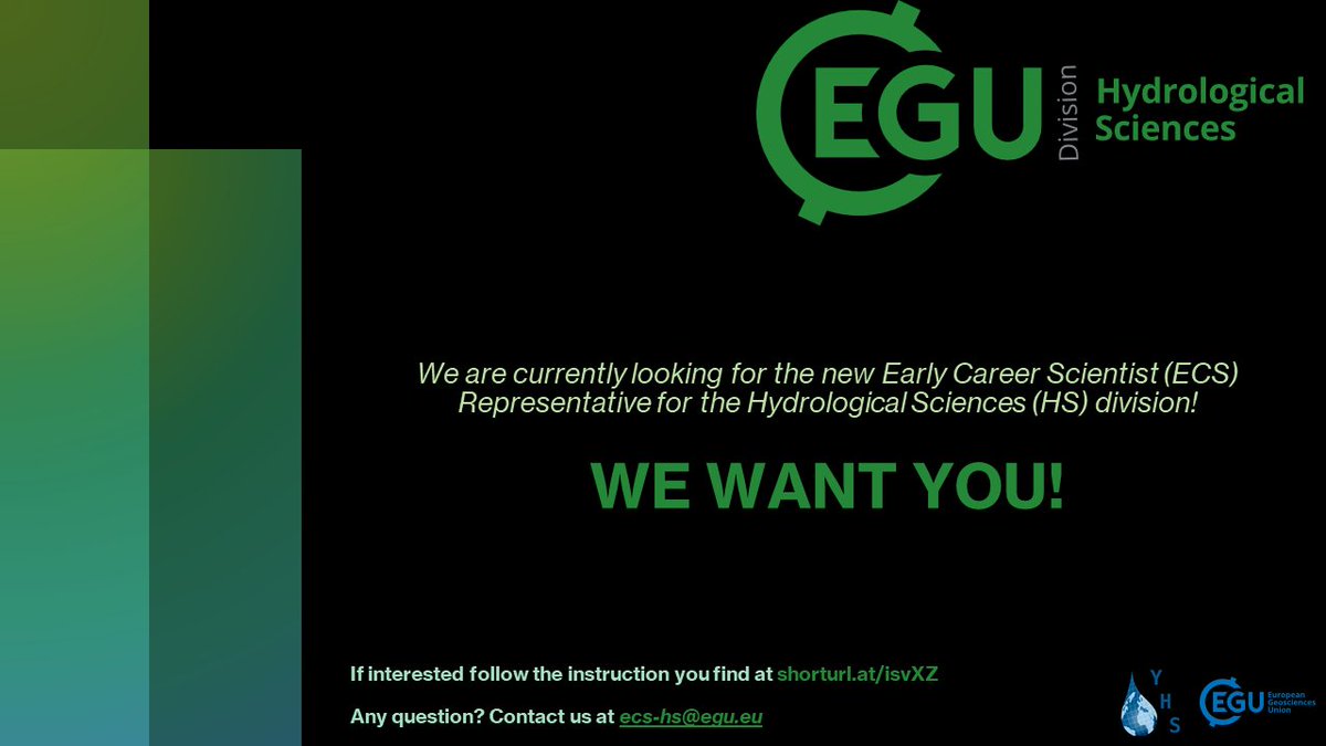 Are you an Early Career Scientist (ECS) working in the field of #hydrology?🌊
Well, great news!✨
<a href="/EGU_HS/">EGU Hydrology</a> division is currently looking for a new ECS representative!
⏳Application Deadline: March 19, 2023 
❓CP for questions: <a href="/criselena89/">Elena Cristiano</a> &amp; <a href="/kmfweb/">KM Florentine Weber</a> 

Info: younghs.com/2023/02/03/egu…