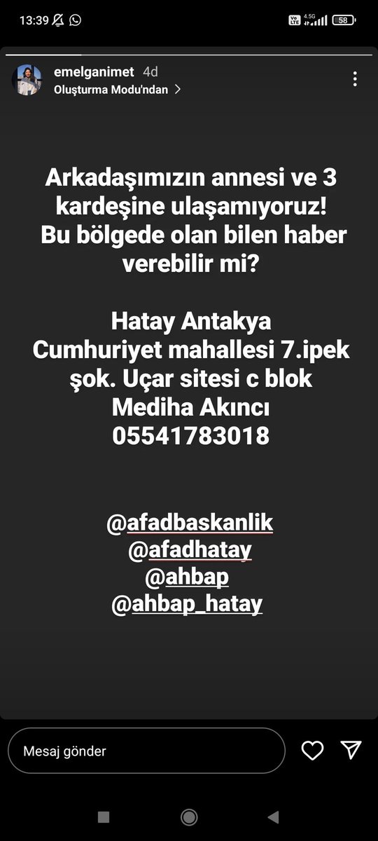 ganimet🦋 (@arslongani) on Twitter photo ARKADAŞIMIZIN AİLESİNE ULASAMİYORUZ. BİNA YIKILMIŞ AİLESİ ENKAZ ALTINDA. LUTFEN PAYLAŞIP YARDIMCI OLABİLİR MİSİNİZ? GÖREN DUYAN BİLEN BİZE ULAŞABİLİR Mİ ? #ahbaphatay <a href="/ahbap/">Ahbap</a>hatay <a href="/AFADBaskanlik/">AFAD</a> @ahbap
<a href="/AFADHatay/">AFAD HATAY</a> #Hatay #antakya <a href="/ativittta/">Atilla Uslu</a> ARKADAŞIMIZIN AİLESİNE ULASAMİYORUZ. BİNA YIKILMIŞ AİLESİ ENKAZ ALTINDA. LUTFEN PAYLAŞIP YARDIMCI OLABİLİR MİSİNİZ? GÖREN DUYAN BİLEN BİZE ULAŞABİLİR Mİ ? #ahbaphatay <a href="/ahbap/">Ahbap</a>hatay <a href="/AFADBaskanlik/">AFAD</a> @ahbap
<a href="/AFADHatay/">AFAD HATAY</a> #Hatay #antakya <a href="/ativittta/">Atilla Uslu</a>