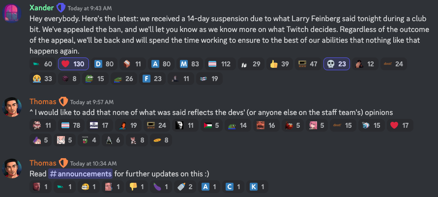 RyanBrianJones's tweet photo. Update from the official Discord on what caused Seinfeld AI (Nothing Forever) to be banned https://t.co/iXYUFZvCSQ