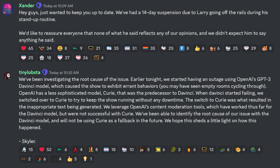 RyanBrianJones's tweet photo. Update from the official Discord on what caused Seinfeld AI (Nothing Forever) to be banned https://t.co/iXYUFZvCSQ