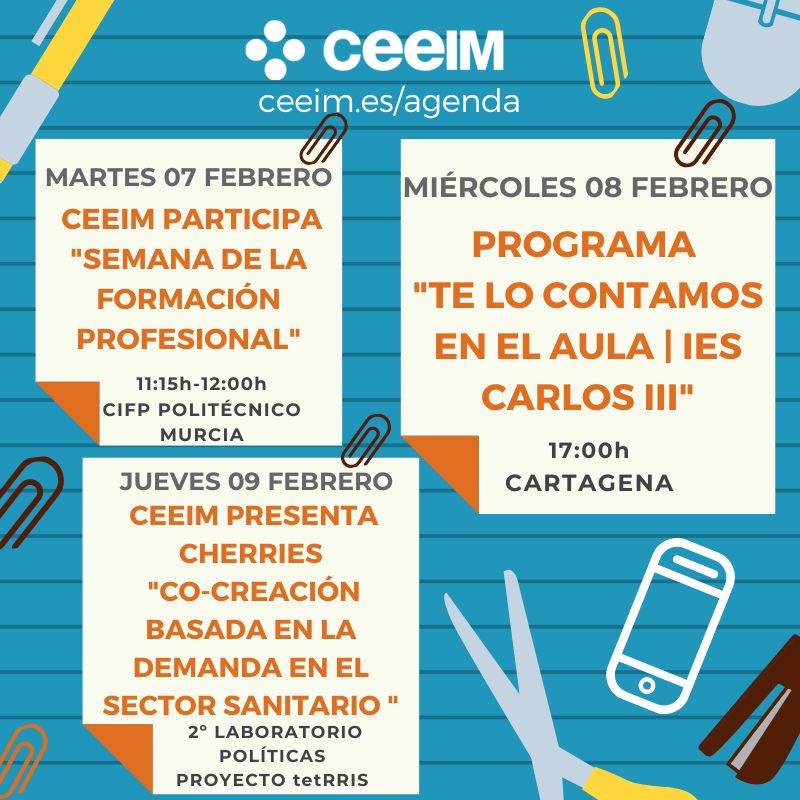⚫️🔵Hoy es lunes y eso significa... ¡#AgendaCEEIM! 

👉🏼 Mañana participamos en la semana de la Formación Profesional
👉🏼 Estaremos en Cartagena, en el programa "Te lo contamos en aula"
👉🏼 Proyecto <a href="/tetRRIS_project/">TetRRIS</a> junto con <a href="/CHERRIES_eu/">CHERRIESeu</a> 

ceeim.es/es/agenda/