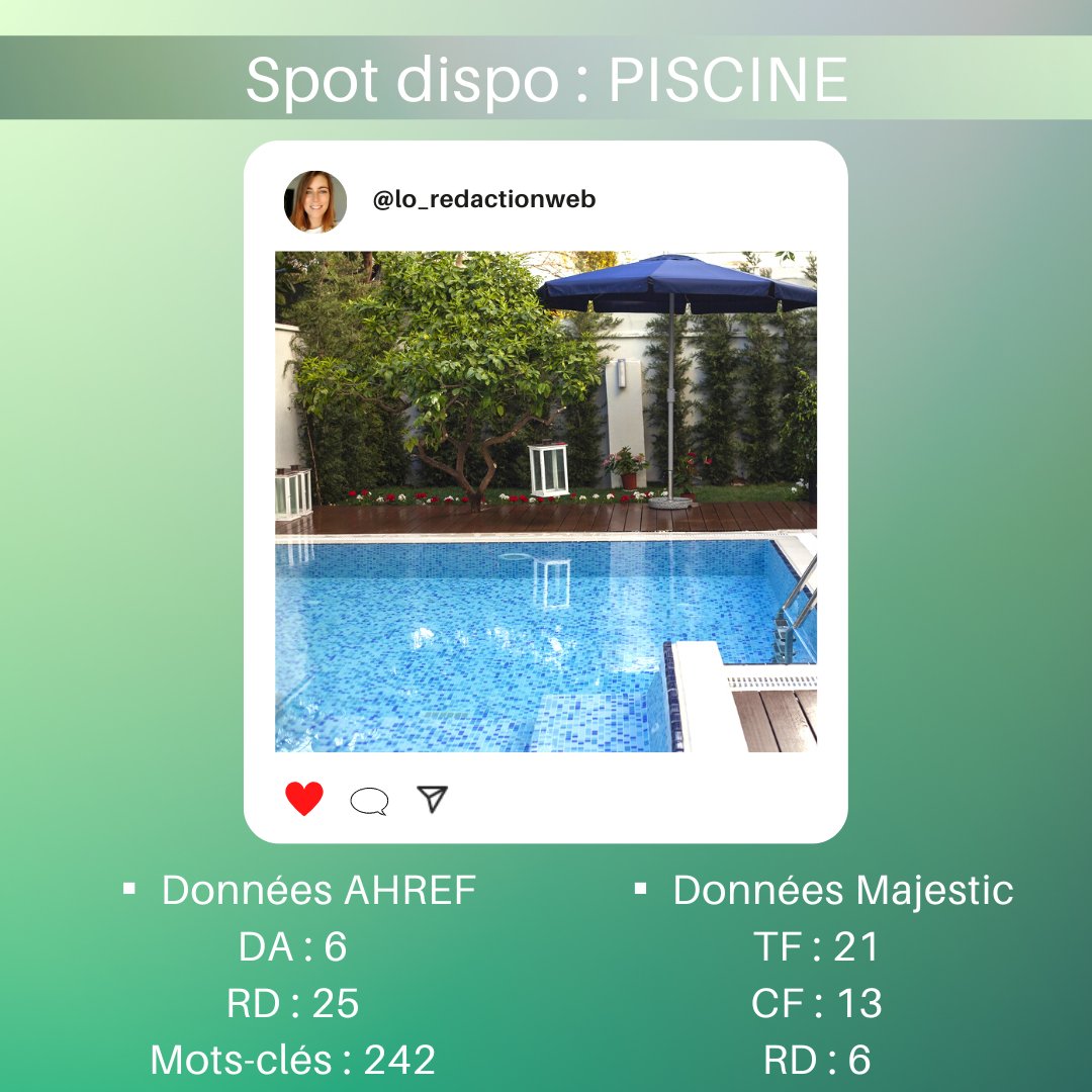 lo_redactionweb's tweet photo. 🔗 Vente de Lien 🔗
.
Bonjour à tous et à toutes ! 😀
Aujourd'hui, je vous propose un site sur le thème de la piscine
.
Je rédige moi-même l'article et insère votre lien.
▪️ Prix : 30€
.
N'hésitez pas à m'écrire si vous êtes intéressé(e)
.
.
#backlinks #redactionweb #pbn https://t.co/D58mQrhWxm