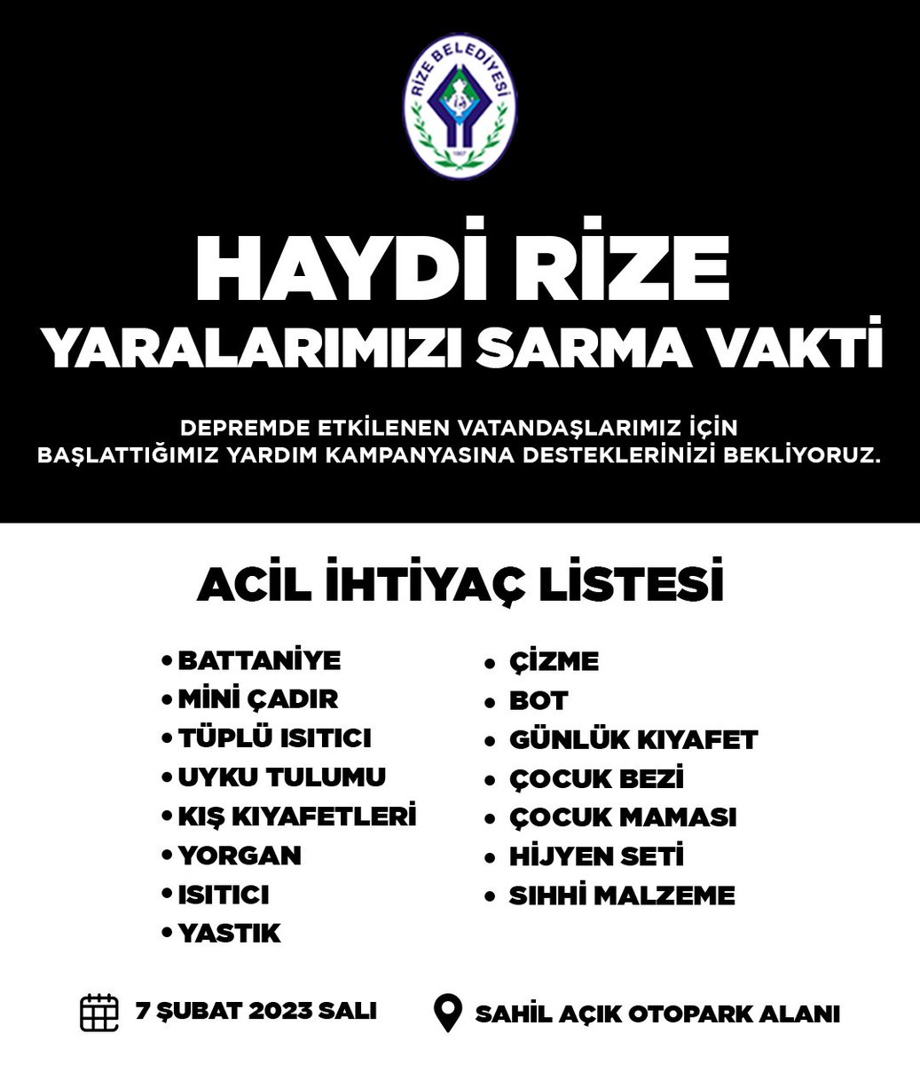 rizebelediye's tweet photo. RİZE BELEDİYESİ SAHİL OTOPARKTA YARDIM TOPLAMA MERKEZİ KURUYOR

Sahil Açık Otopark alanında 7 şubat Salı gününden itibaren yardım toplama merkezine yardımlar teslim edilebilecek. https://t.co/OED1UYLPtl