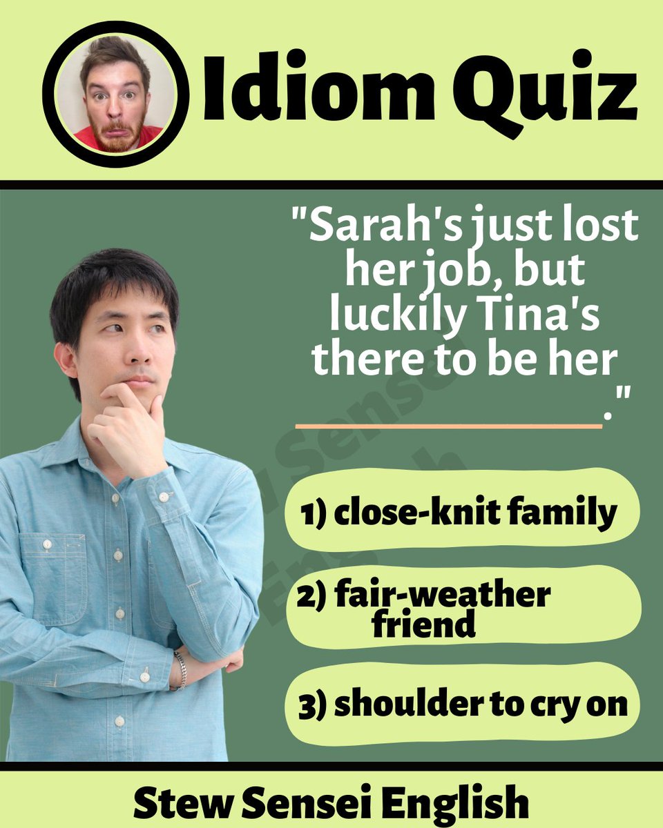 stewsensei's tweet photo. QUIZ TIME

Do you know the answer?

#English #StudyEnglish #ingles #anglais #toeic #toefl #ielts #英語 #英語の勉強 #英語学習 #英検 https://t.co/WWwWyJFoRy