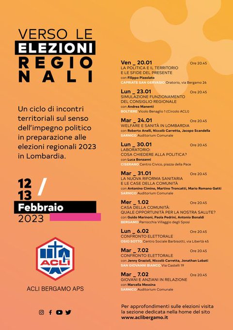 📌#elezioniregionali2023 - #6febbraio (20.45)  "CONFRONTO CON I CANDIDATI ALLE ELEZIONI REGIONALI". L'incontro si tiene a OSIO SOTTO (Centro Sociale Barbisotti, via Libertà 45). Intervengono: 
📌Davide Casati (PD)
aclibergamo.it/blog/politica/…