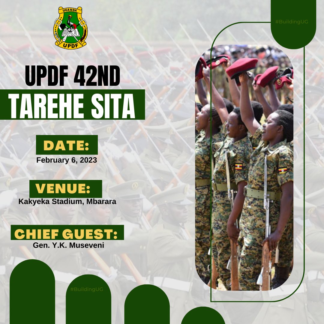 ATwayita's tweet photo. UPDF's #TareheSitaUg is happening today at Kakyeka stadium, Mbarara. President Museveni and the Commander in Chief of the Uganda Armed Forces is the Guest of Honour. #UPDFat42 https://t.co/iNi3tyt0E6